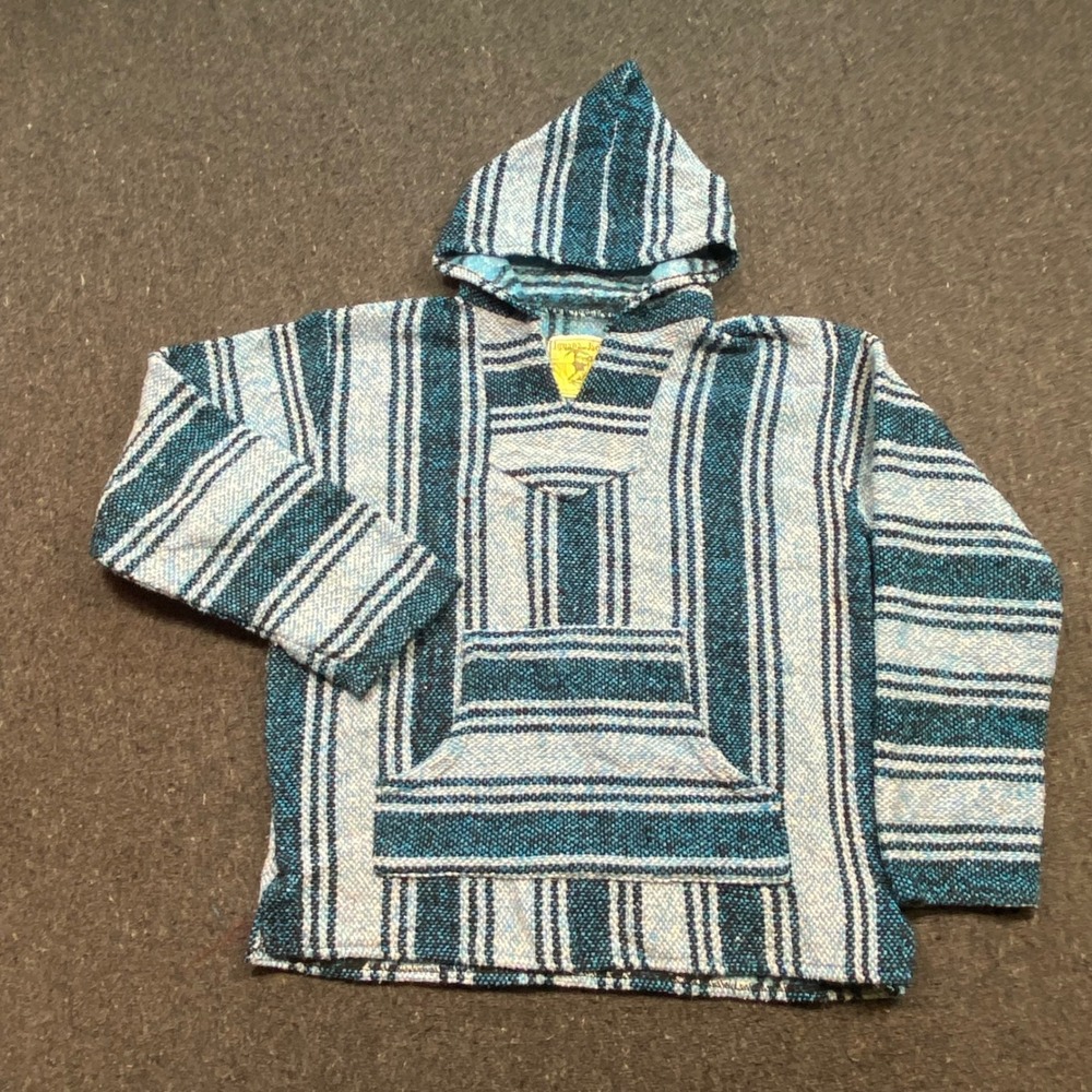 Iguana Jack Baja Hoodie Sz M Mens Blue Striped Drug Rug Skater Boho Pullover